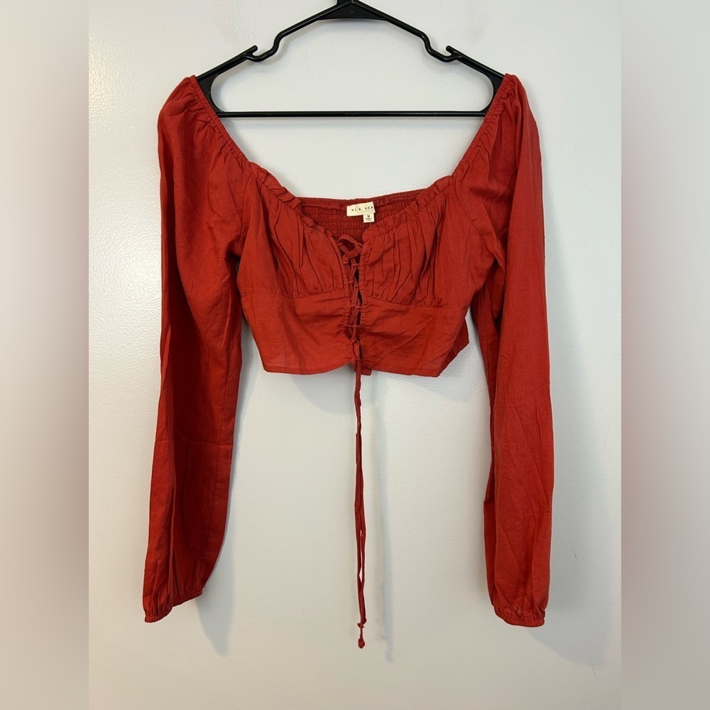 NWT PacSun/La Hearts Lace Up Long Sleeve Rust Boho Crop Top Size Medium - Picture 3 of 13